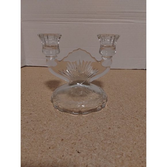 Jeanette Sunburst Clear Pressed Glass Double Candle Holder - Picture 1 of 6